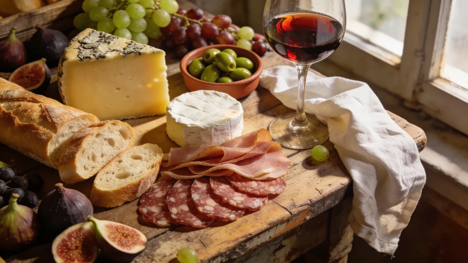 French market table with cheeses, baguettes, charcuterie, figs and red wine