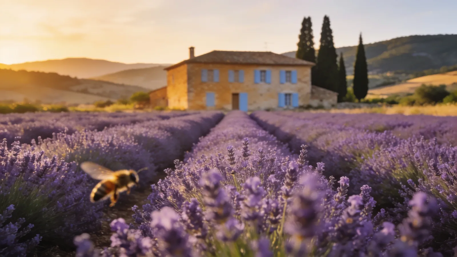 Lavender field in Provence in July with a stone farmhouse at sunset