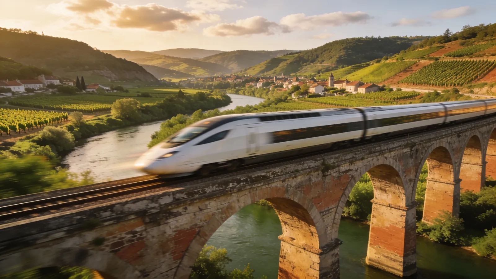 High-speed train crossing a stone viaduct over the French countryside