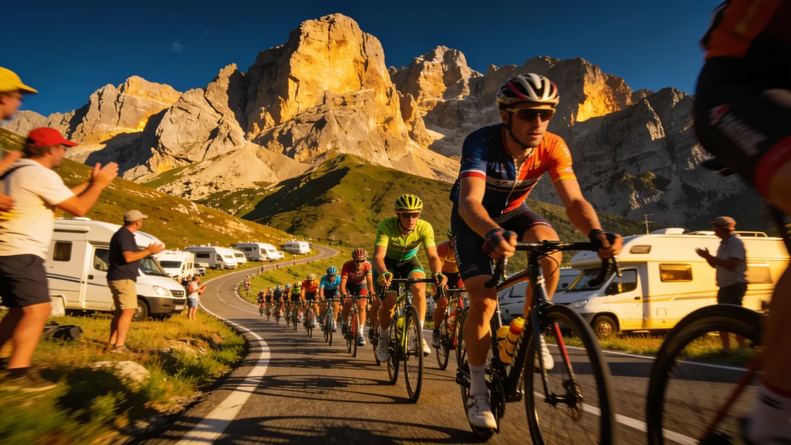 Cyclists climbing an Alpine switchback road lined with spectators during the Tour de France