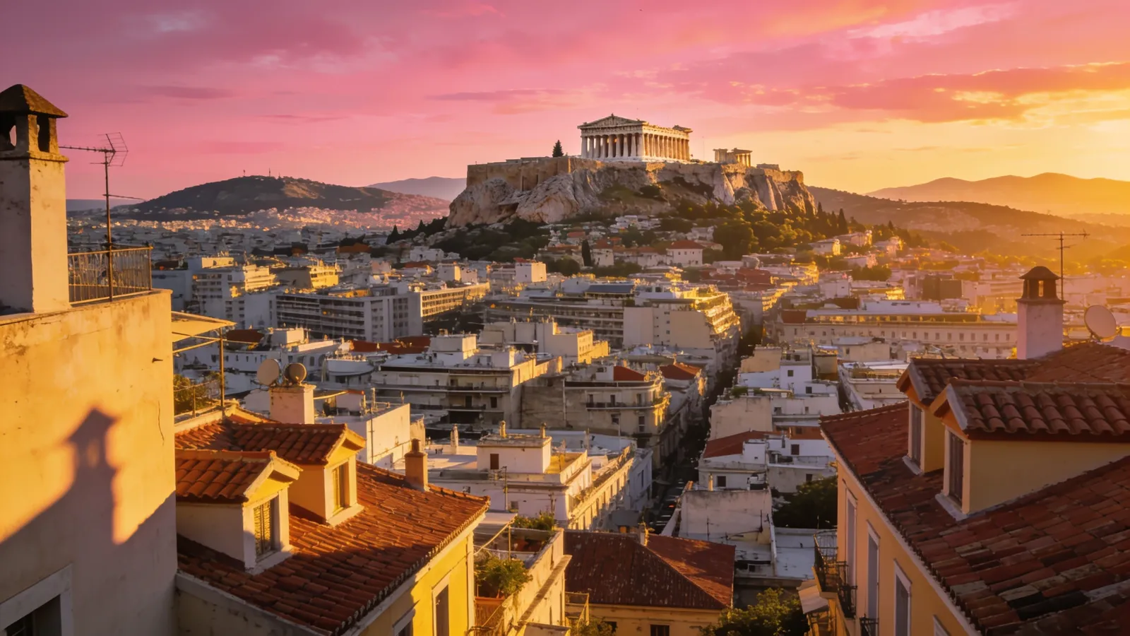 Athens at sunset with the Acropolis above the city