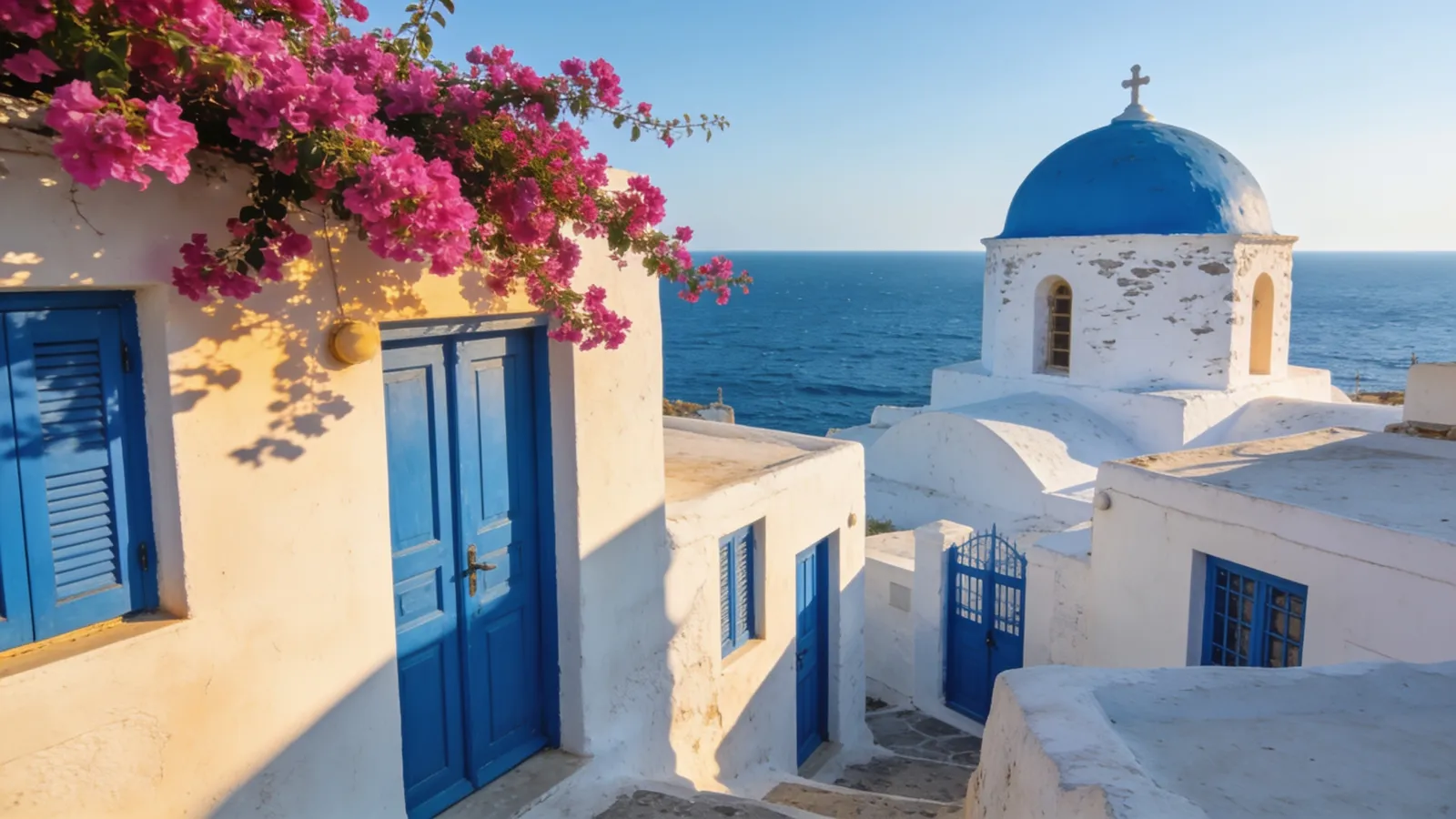 Blue dome and bougainvillea over the Aegean in a Cycladic village