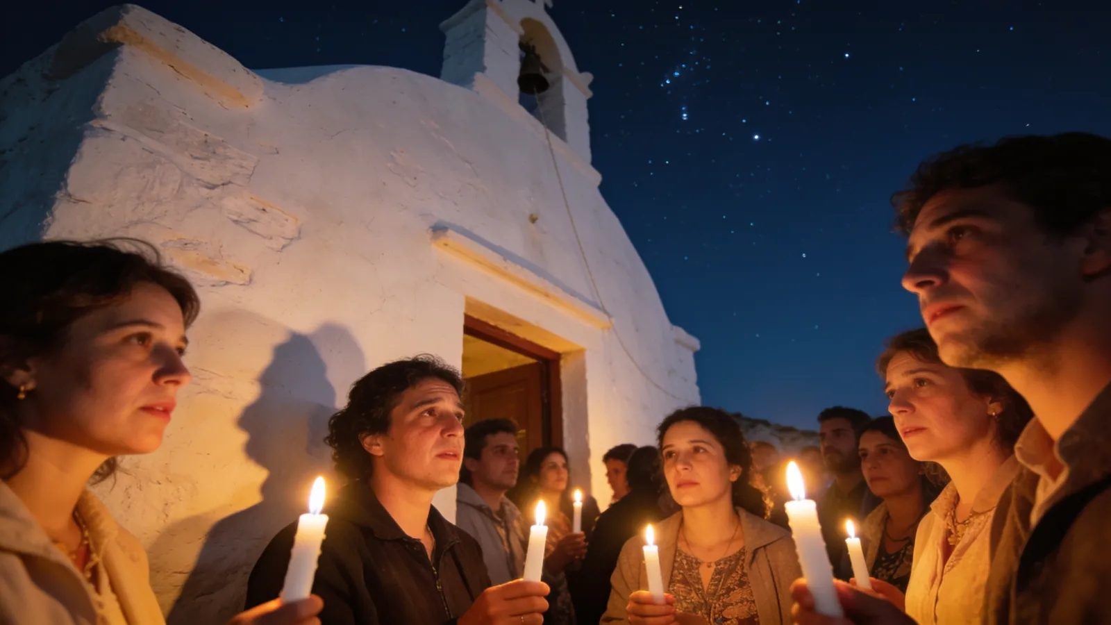 People holding lit candles outside a whitewashed church at Greek Easter