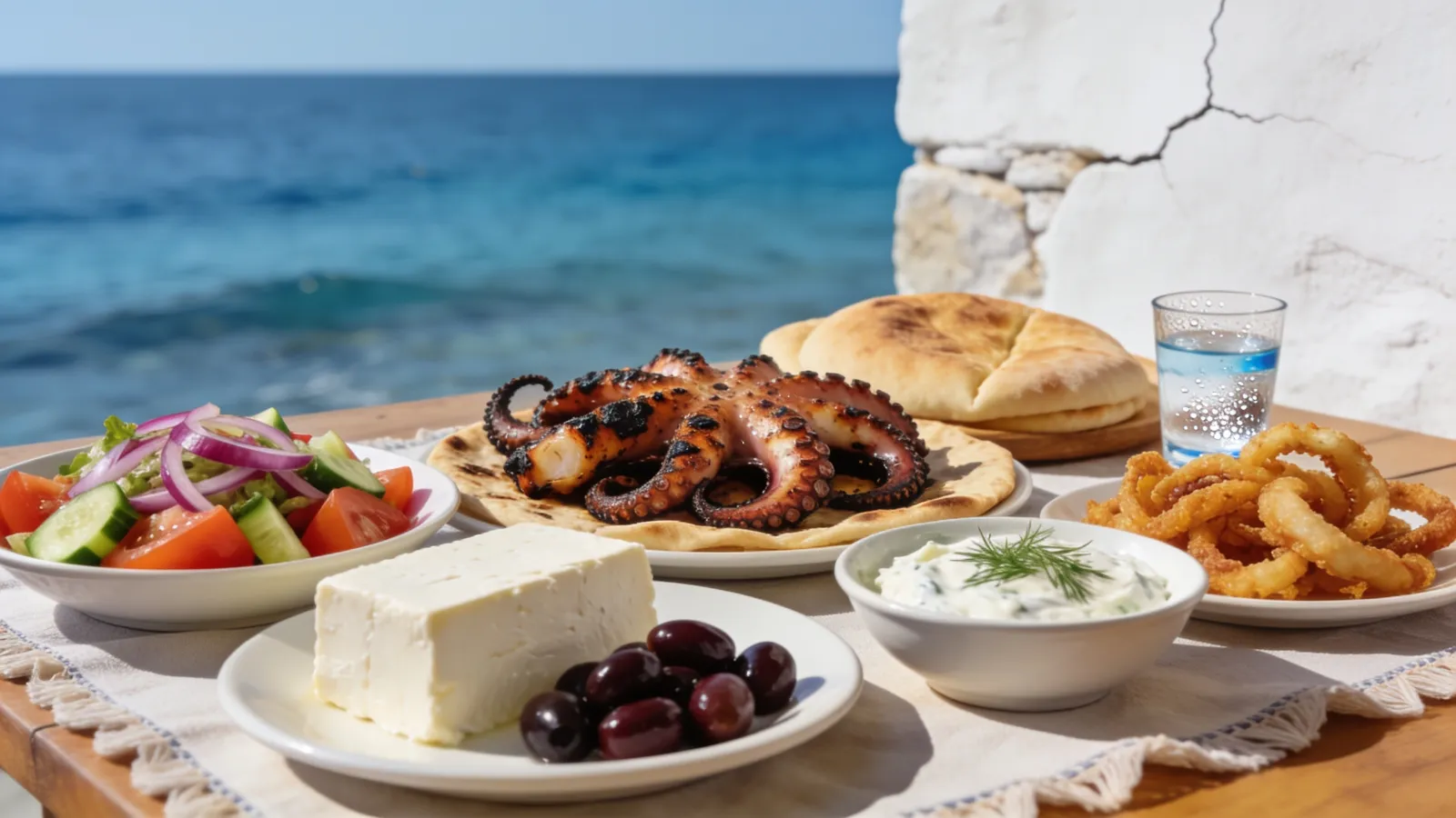 Seaside taverna table with grilled octopus, feta, Greek salad and tzatziki