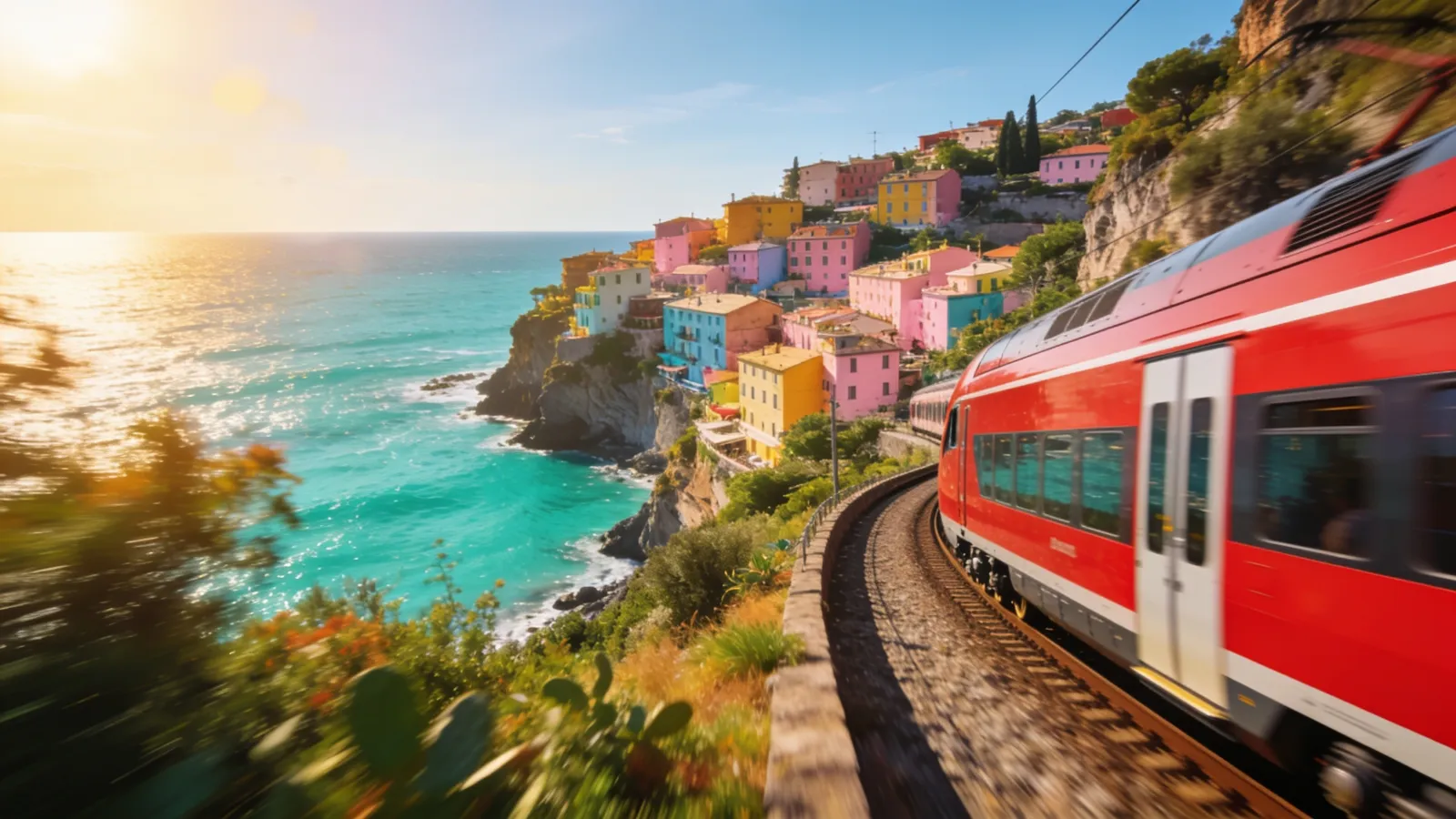 Red regional train running along the Cinque Terre coast
