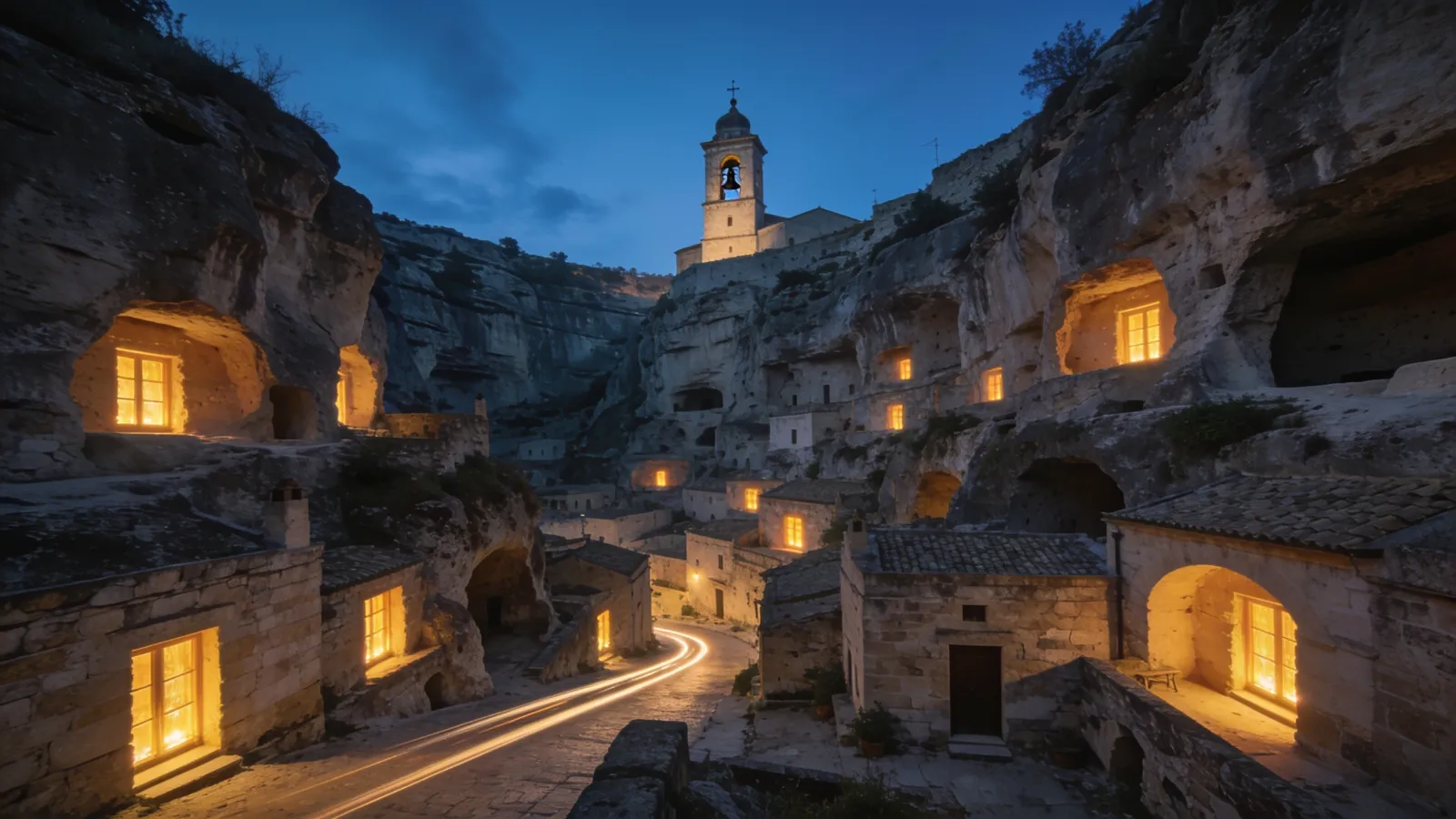 The cave dwellings of Matera lit up at dusk