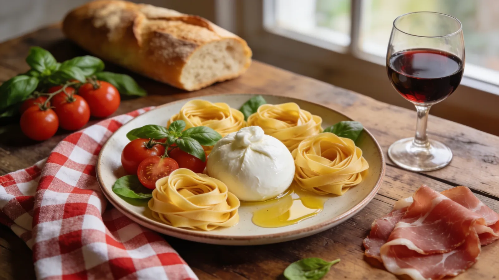 Fresh tagliatelle, burrata, prosciutto and red wine on a trattoria table