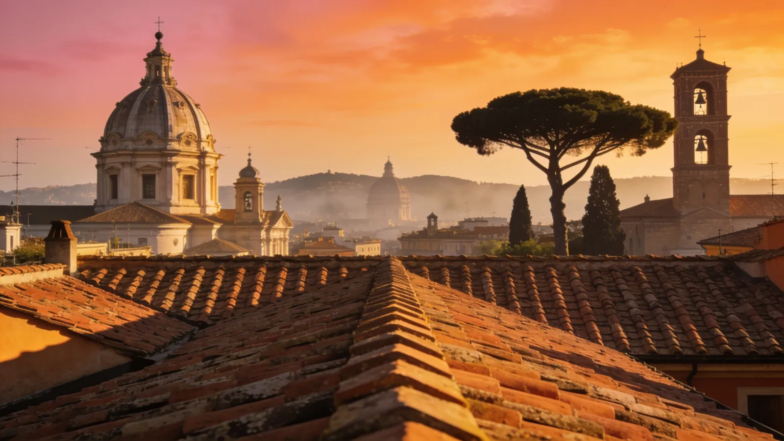 Rome rooftops and domes at golden hour