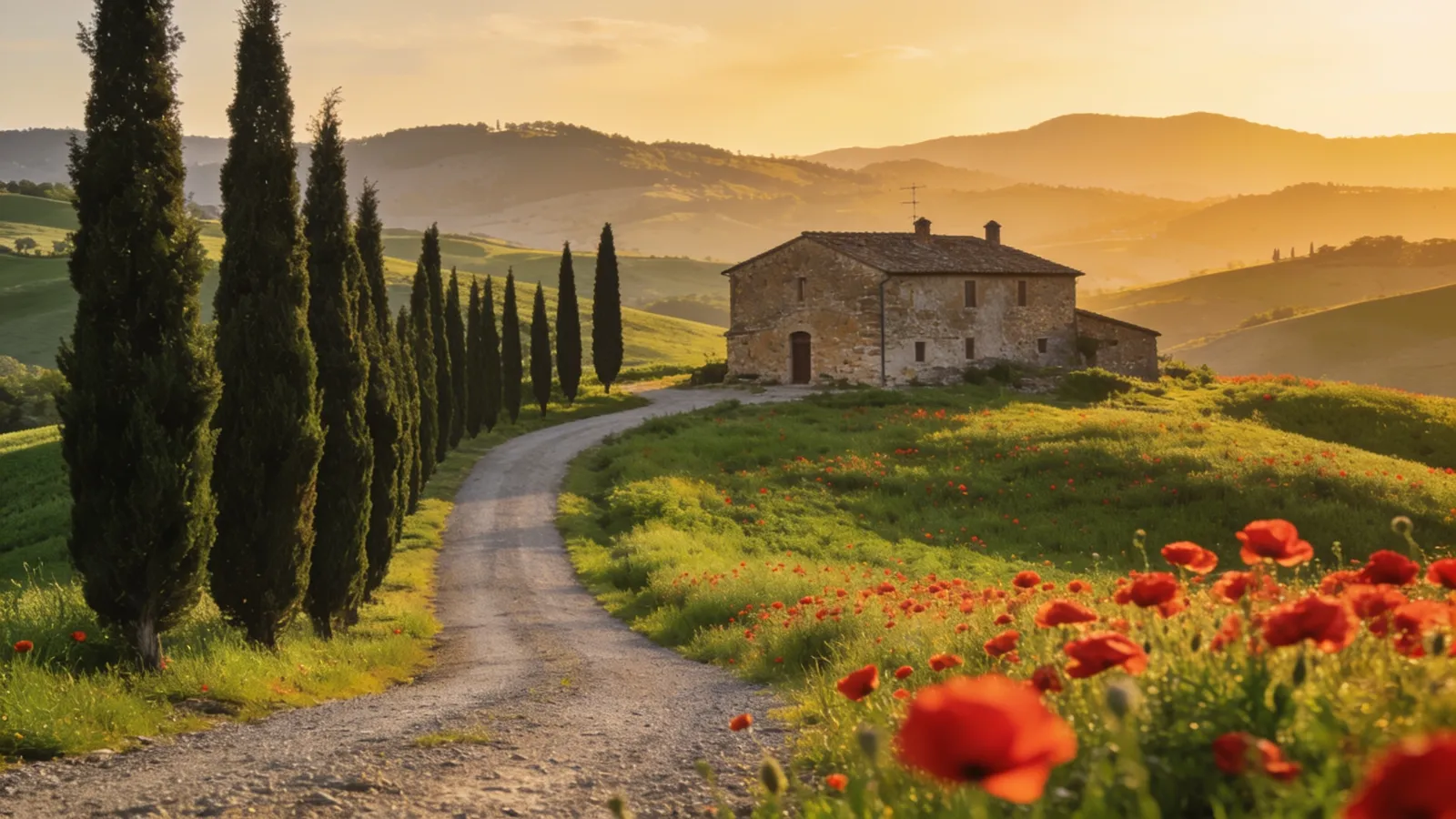 Cypress-lined road through green Tuscan hills with spring poppies