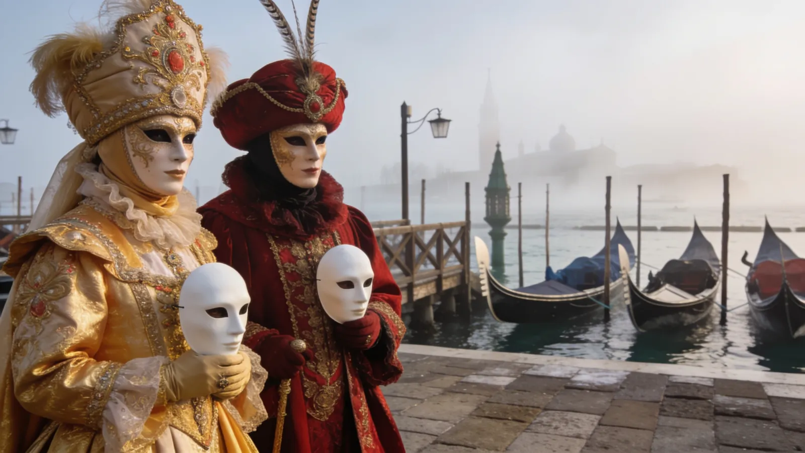 Masked revellers in costume beside the gondolas during Venice Carnevale
