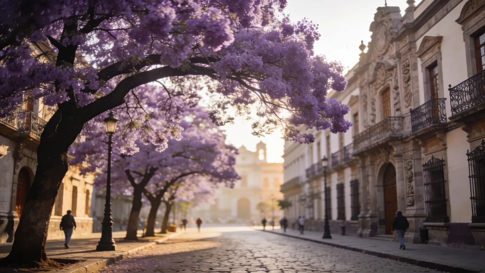 Purple jacaranda trees over a historic street in Mexico City