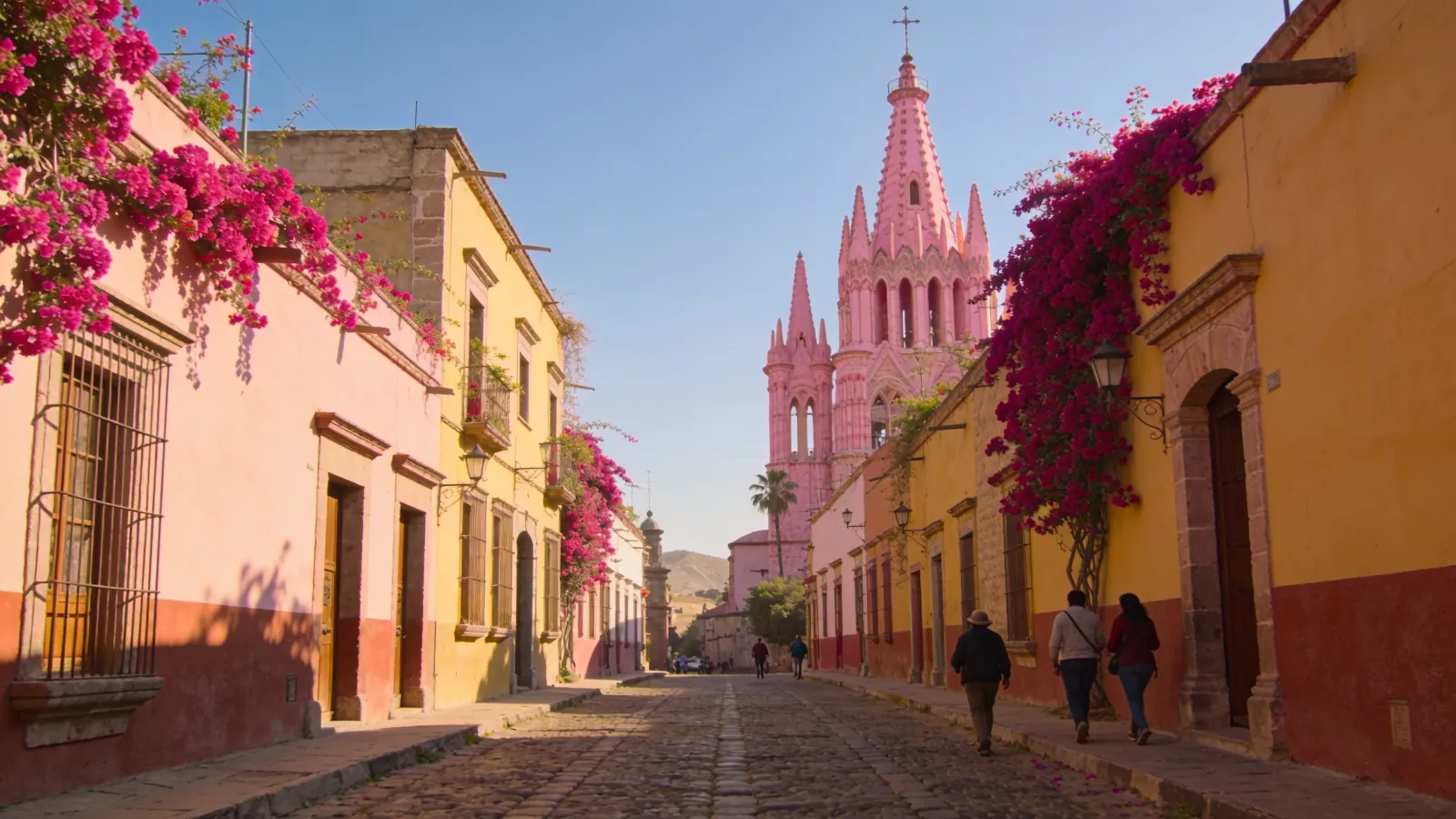 Colourful colonial street leading to a pink Gothic church in San Miguel de Allende