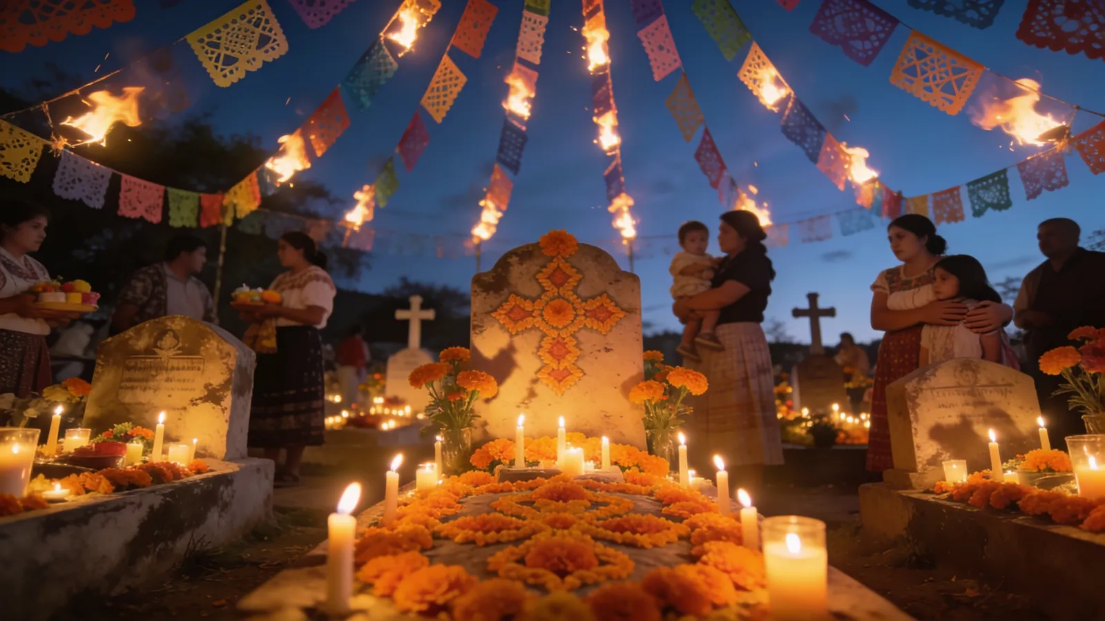 Candlelit cemetery with marigolds and papel picado on Día de los Muertos