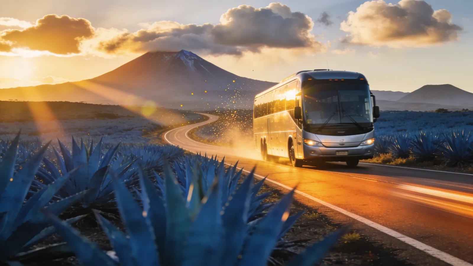 Intercity coach driving past agave fields and a volcano