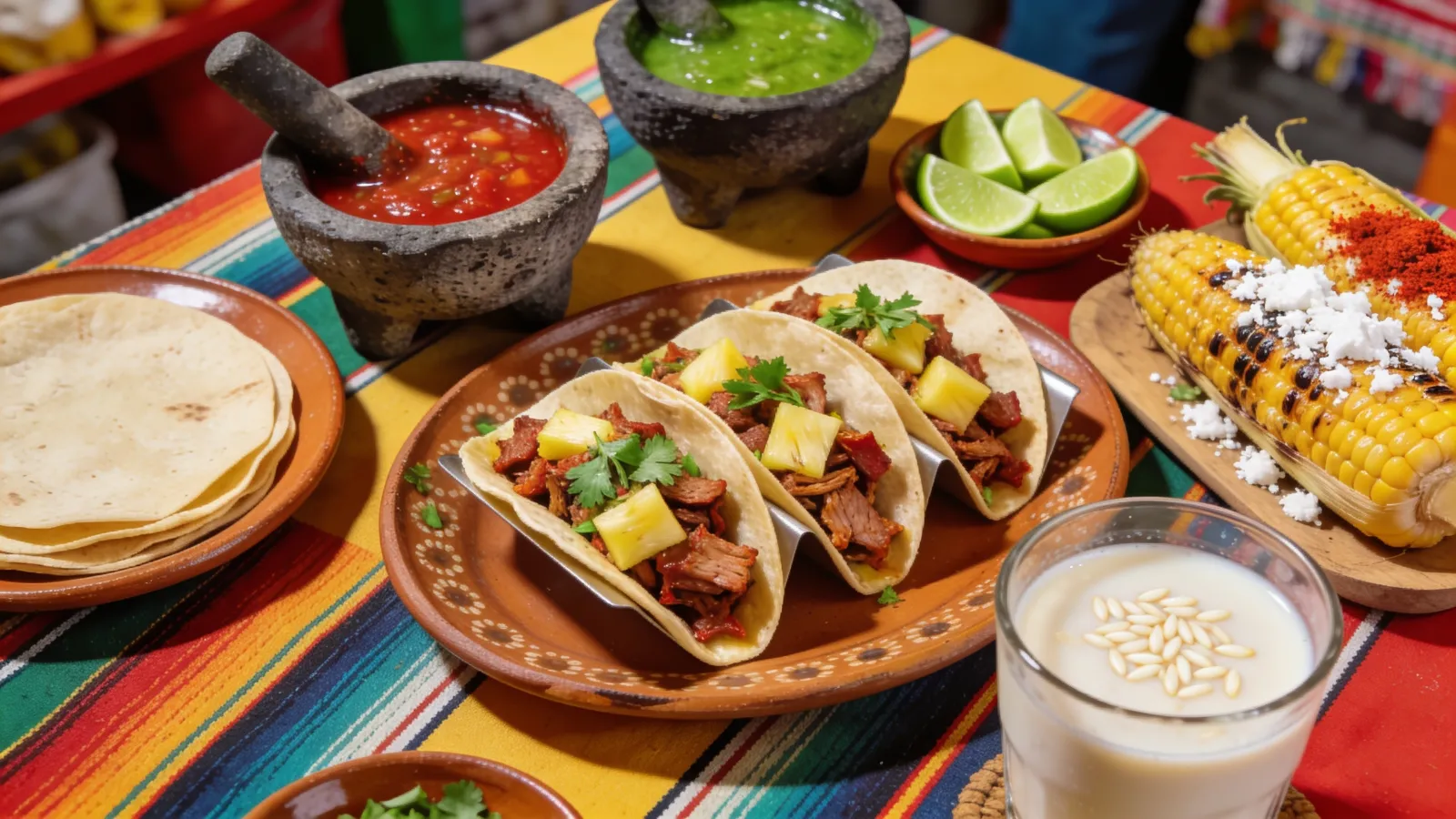 Tacos, salsas, grilled corn and horchata on a striped tablecloth