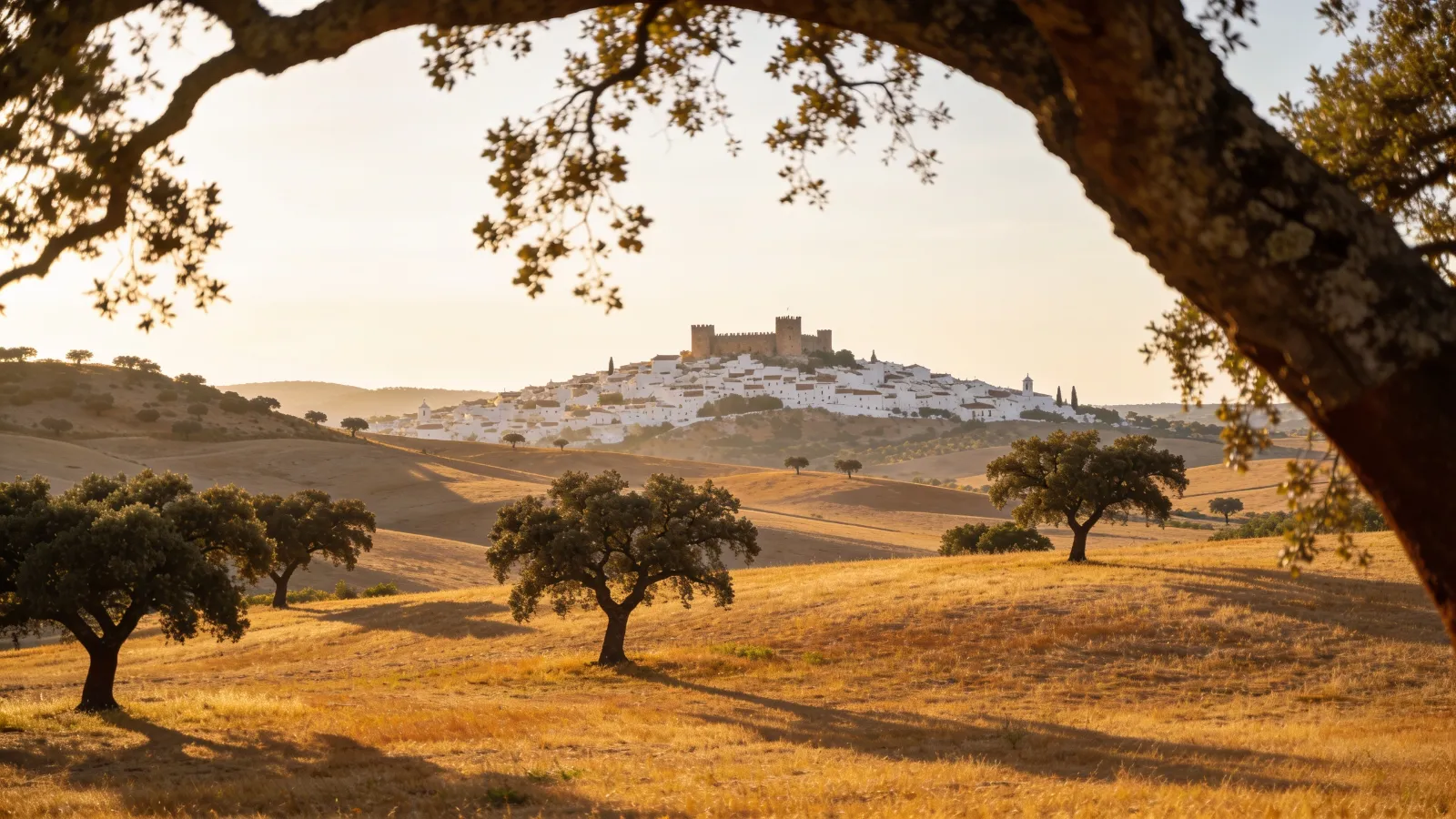 Cork oaks and rolling plains below a whitewashed Alentejo hill town