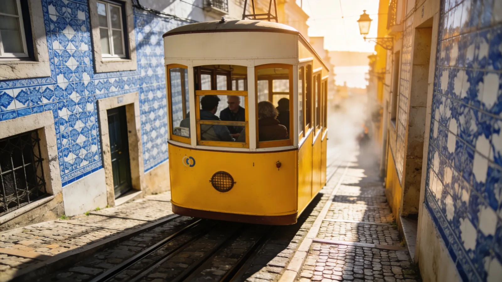 Yellow tram climbing a tiled street in Lisbon