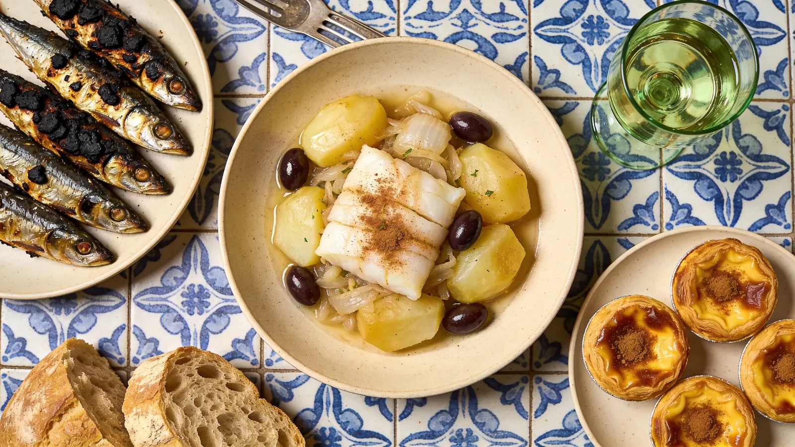 Grilled sardines, salt cod and pastéis de nata on blue azulejo tiles