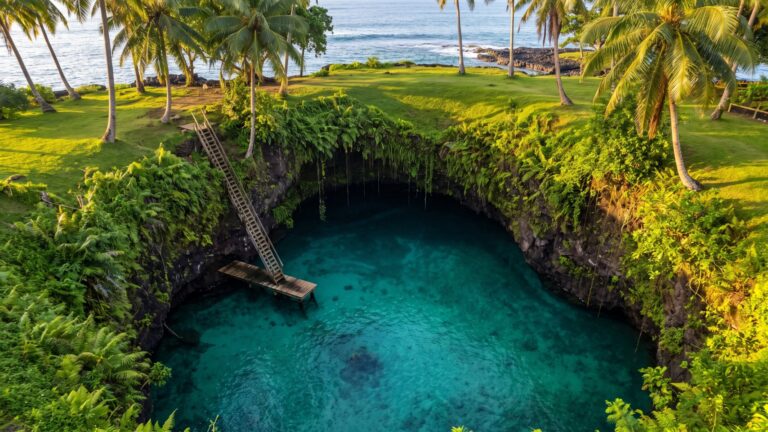 Samoa — the To Sua Ocean Trench at Lotofaga, a deep turquoise swimming hole sunk into jungle-covered lava rock with a long wooden ladder descending into the water