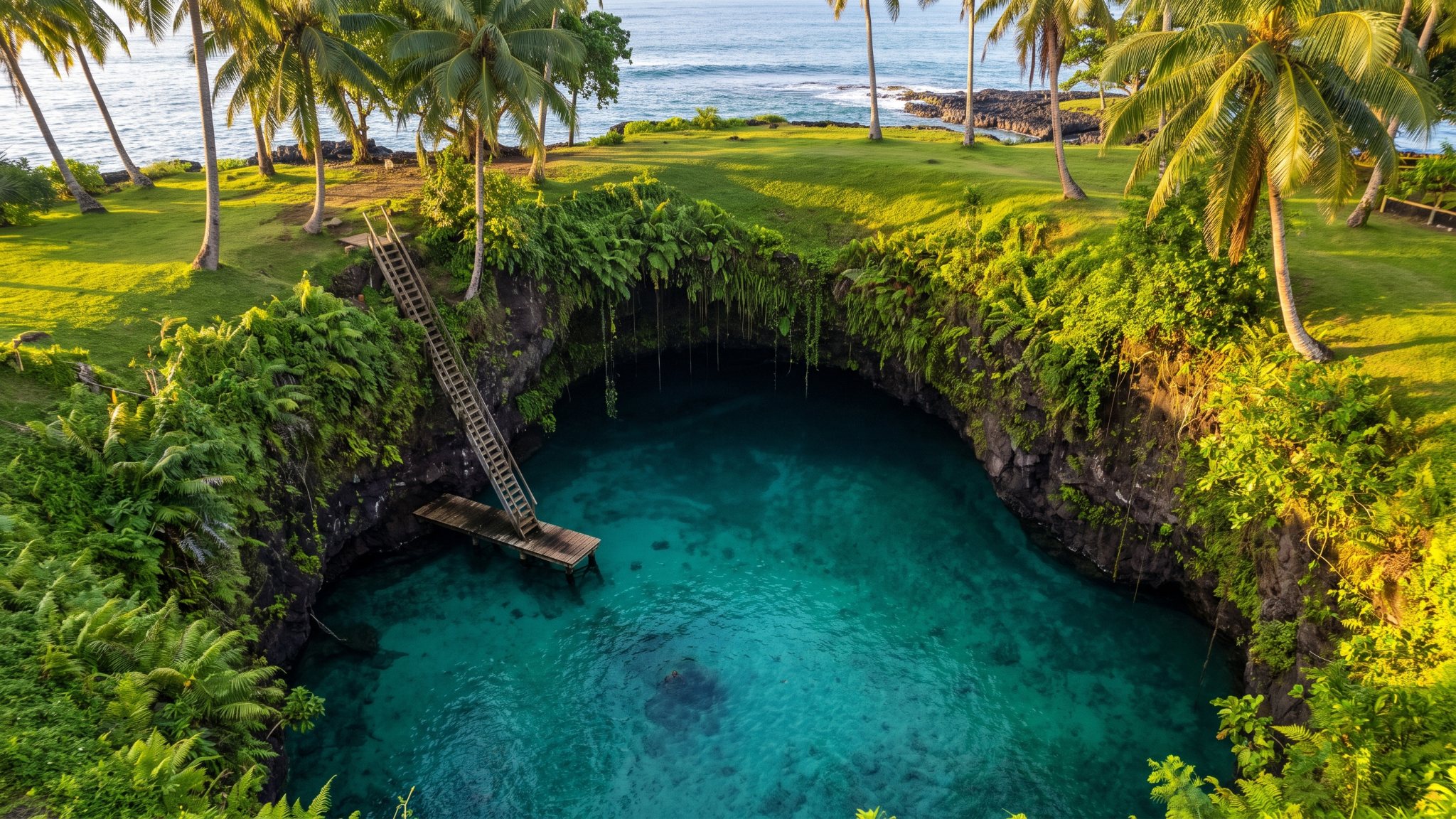 Samoa — the To Sua Ocean Trench at Lotofaga, a deep turquoise swimming hole sunk into jungle-covered lava rock with a long wooden ladder descending into the water