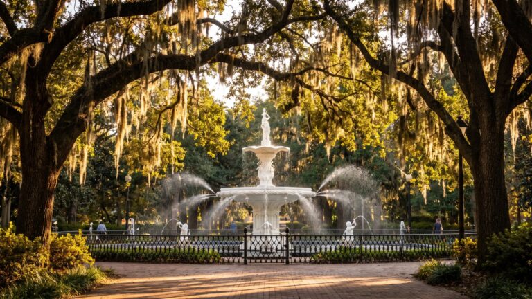 Forsyth Park fountain in Savannah at golden hour, framed by live oaks draped in Spanish moss, with the white cast-iron fountain spraying in soft autumn light