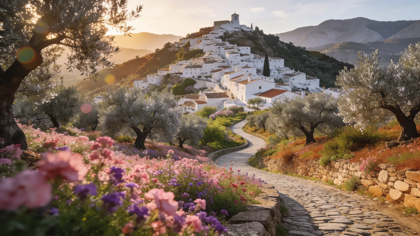 Whitewashed Andalusian village above olive groves in spring bloom