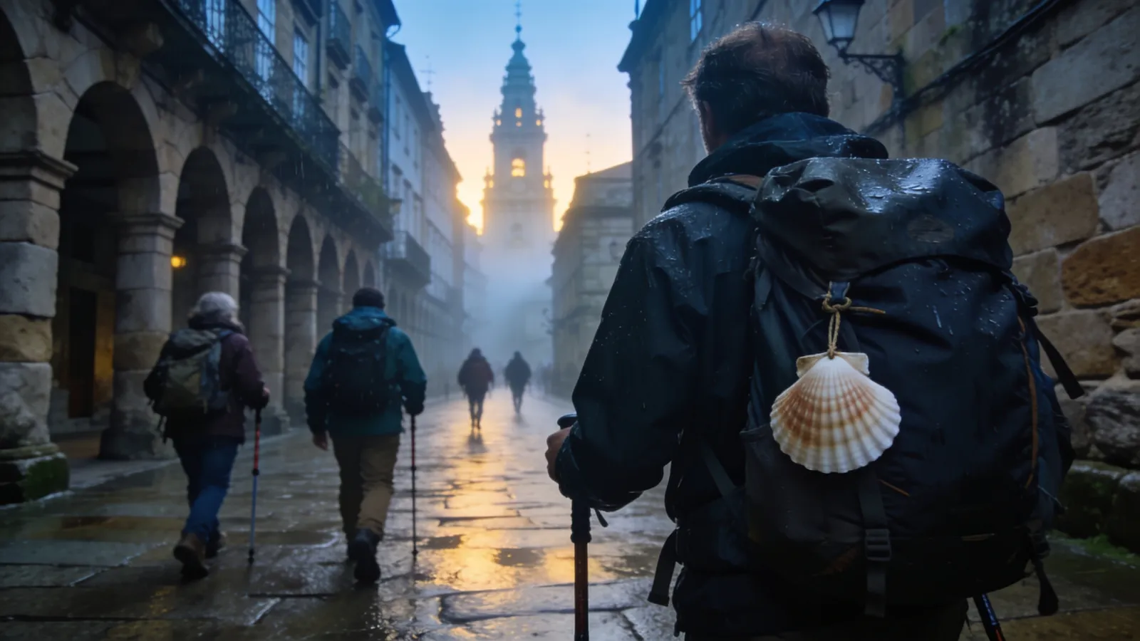 Pilgrims with scallop shells walking the Camino into Santiago de Compostela