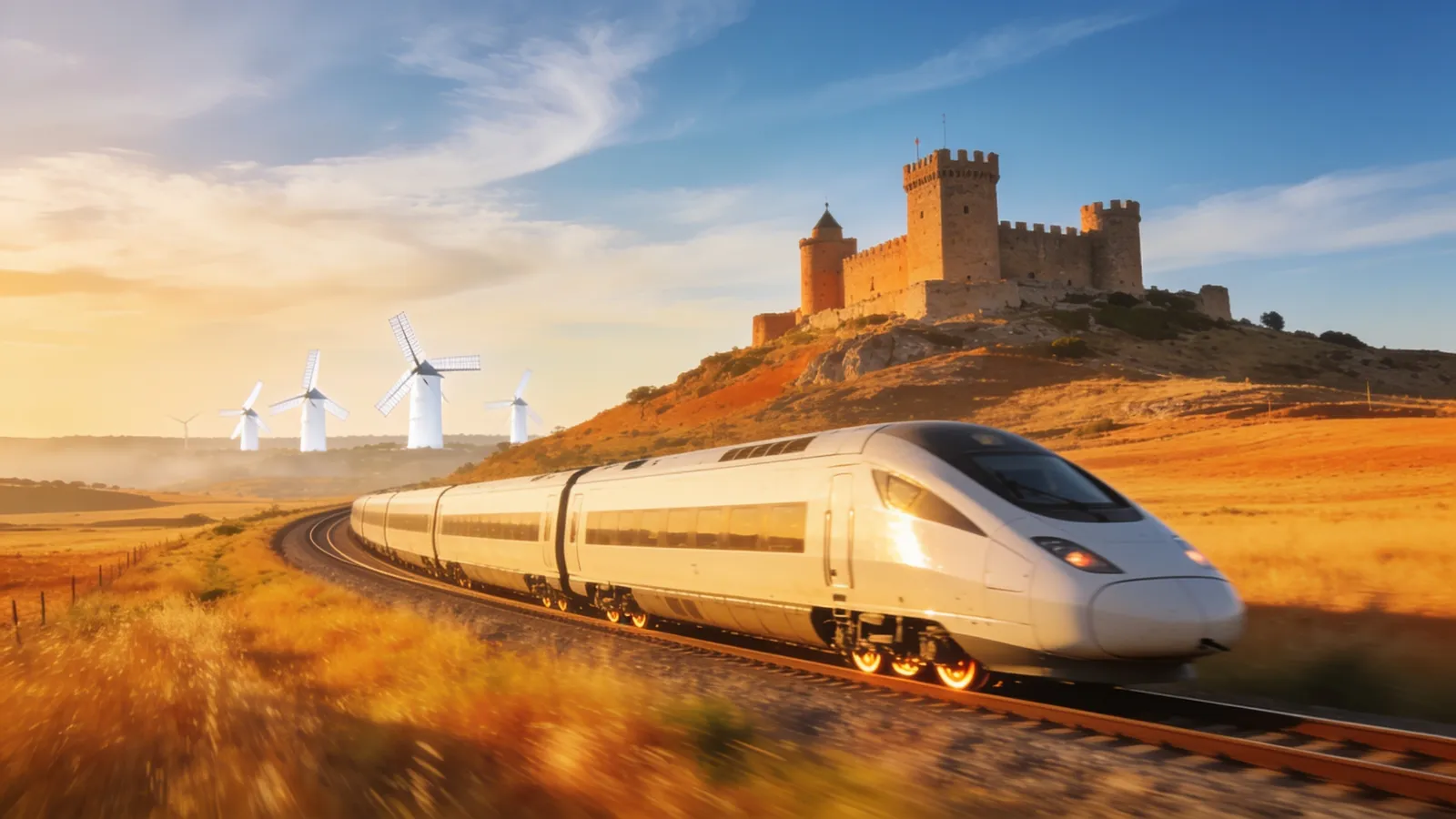 High-speed train crossing the Spanish plain below a hilltop castle