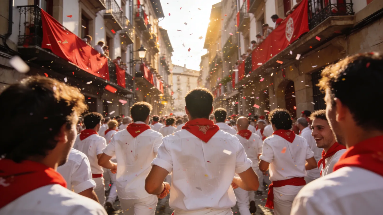 Crowds in white with red scarves filling a Pamplona street for San Fermín