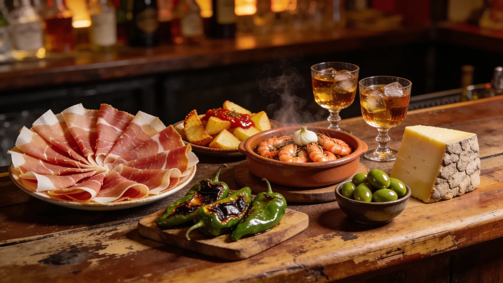 Jamón, cheese, olives and sherry laid out as tapas on a bar counter