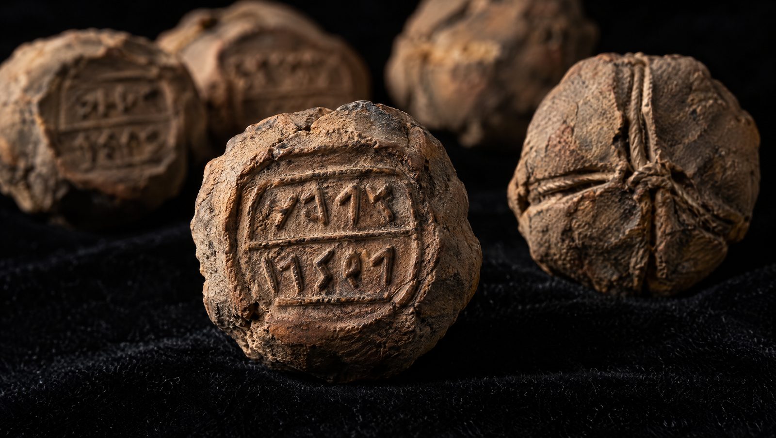 Close-up of small fired clay bullae bearing seal impressions with ancient Hebrew letters, on black velvet under raking light