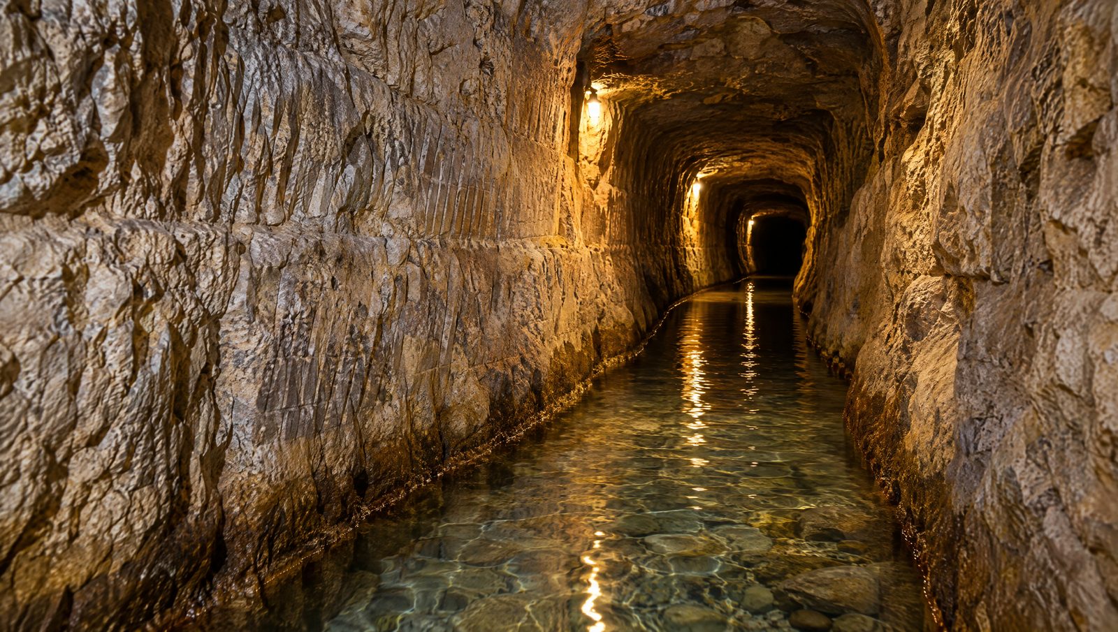 The narrow rock-cut passage of Hezekiah's Tunnel in the City of David, Jerusalem, with shallow water flowing along its floor