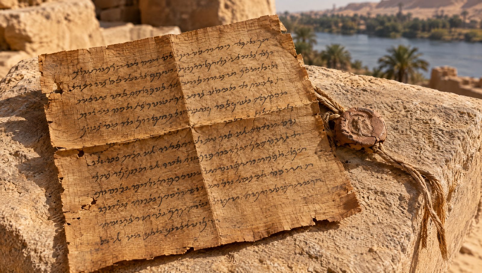 A browned Aramaic papyrus letter with cursive script and a clay sealing on cord, lying on a sandstone block in desert light