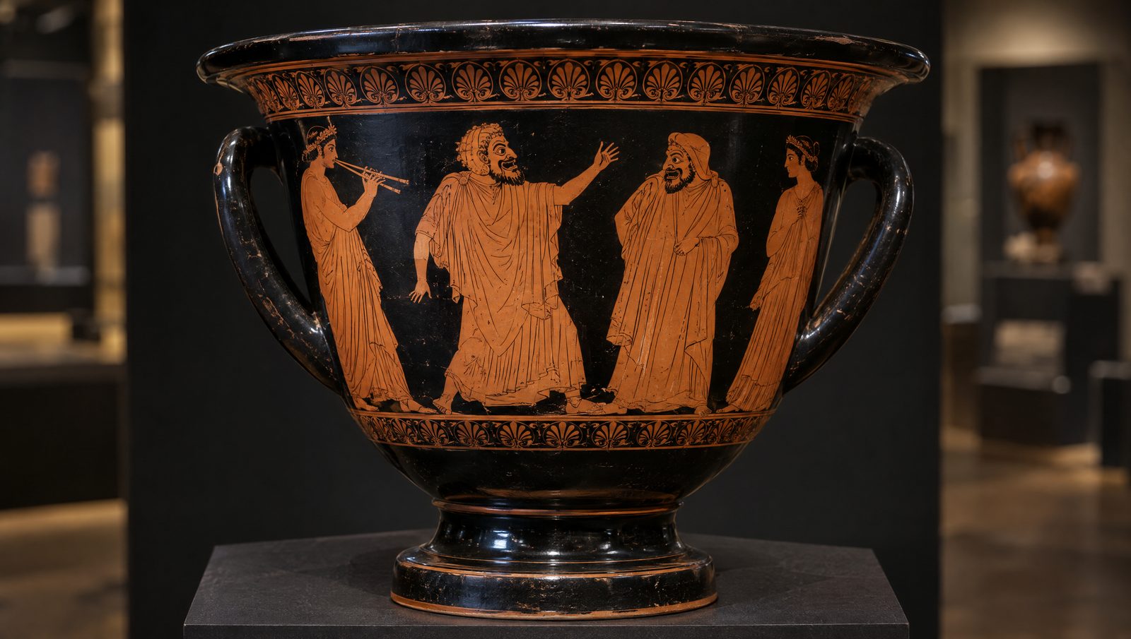 An Athenian red-figure krater painted with robed figures and a flute player, displayed on a plinth in museum lighting