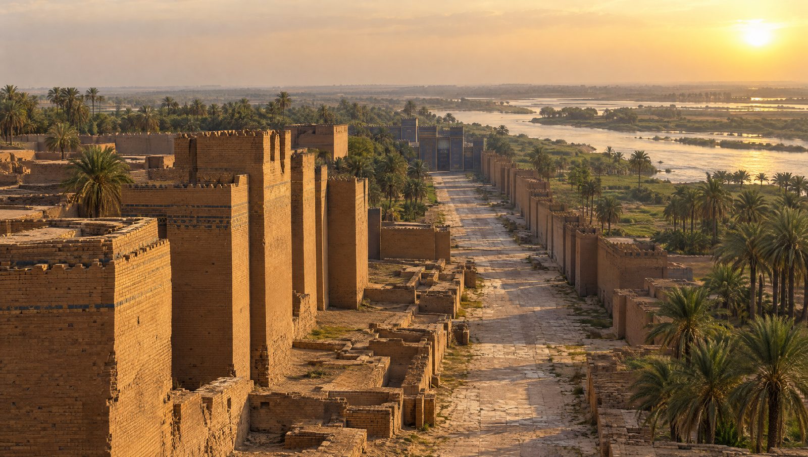 The rebuilt mudbrick walls of Nebuchadnezzar's palace and the Processional Way at Babylon, Iraq, with date palms beyond