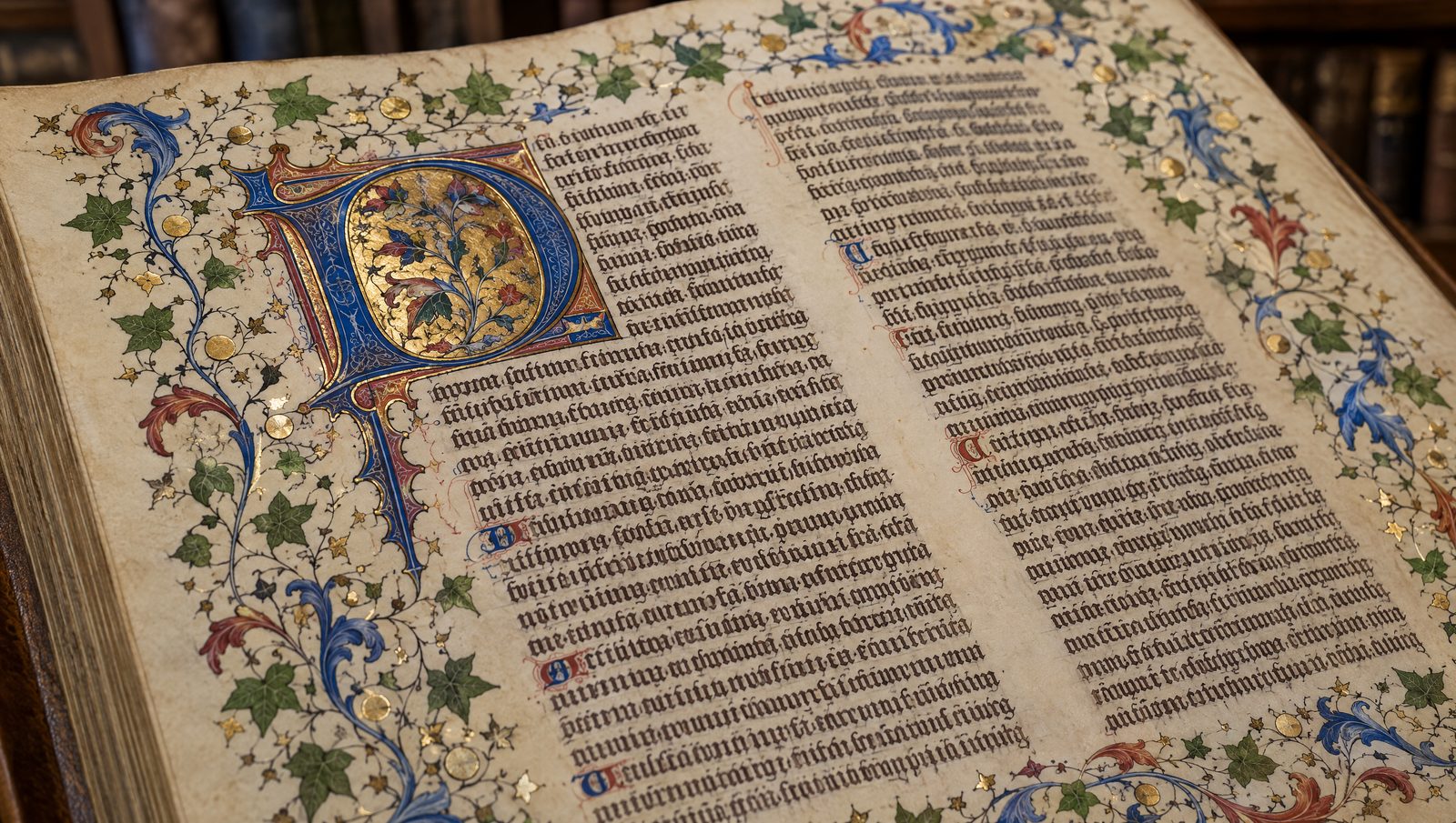 An open fifteenth-century illuminated manuscript on vellum with gothic script, a gold and blue decorated initial and an ivy-leaf border