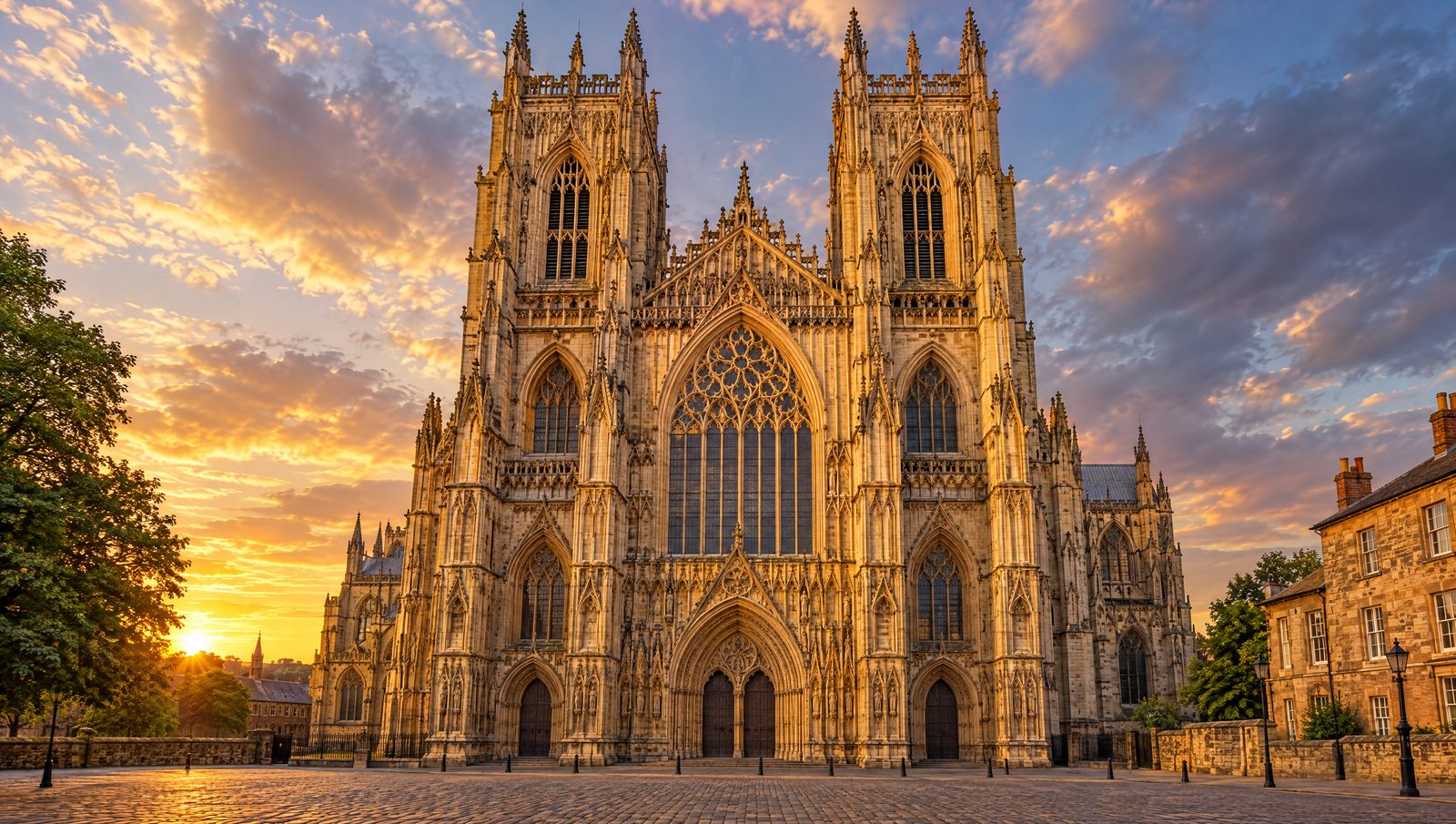The Gothic west front of York Minster with its twin towers and great west window glowing in evening light