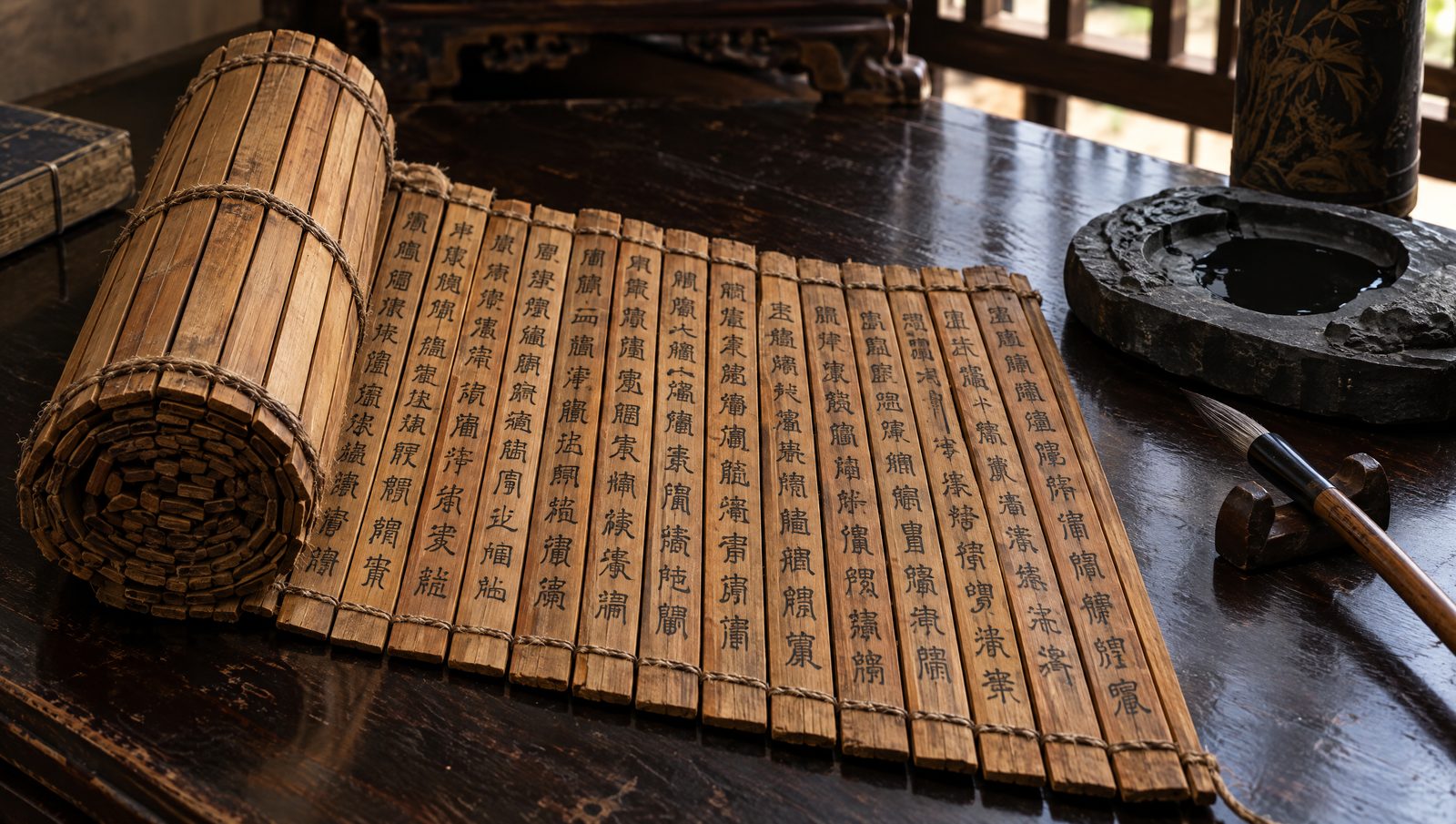 A bamboo-slip manuscript bound with cord and partly unrolled on a lacquered table, with brushed characters, a brush and inkstone
