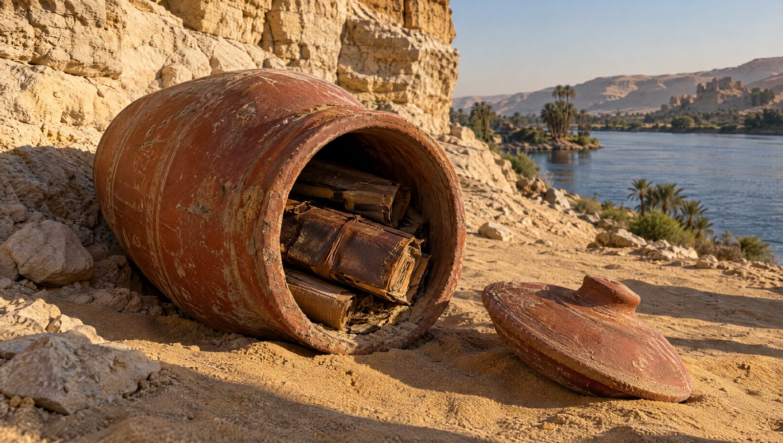A tall red earthenware jar lying open in the sand at the foot of a limestone cliff with leather-bound codices visible inside