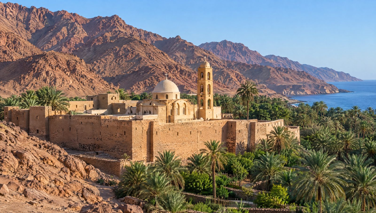 The mudbrick walls, domes and palm gardens of the Monastery of St Antony at the foot of bare red mountains in Egypt's Eastern Desert
