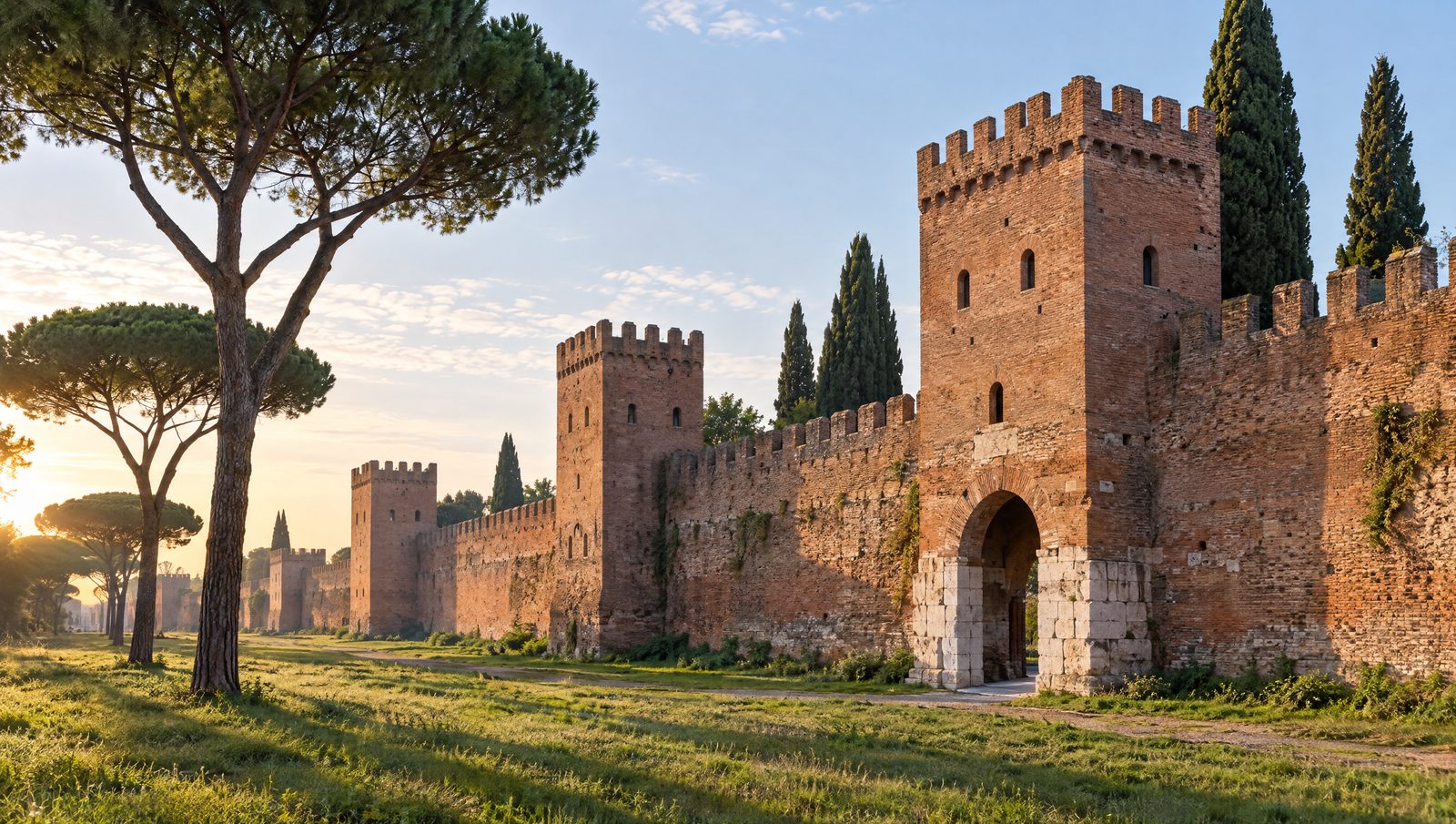 A long stretch of the red-brick Aurelian Walls of Rome with square towers, umbrella pines and cypress trees in morning light