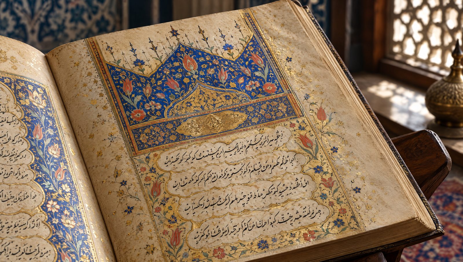 An open Ottoman manuscript with flowing calligraphy and a gilded headpiece of blue and gold floral arabesques on a wooden book stand