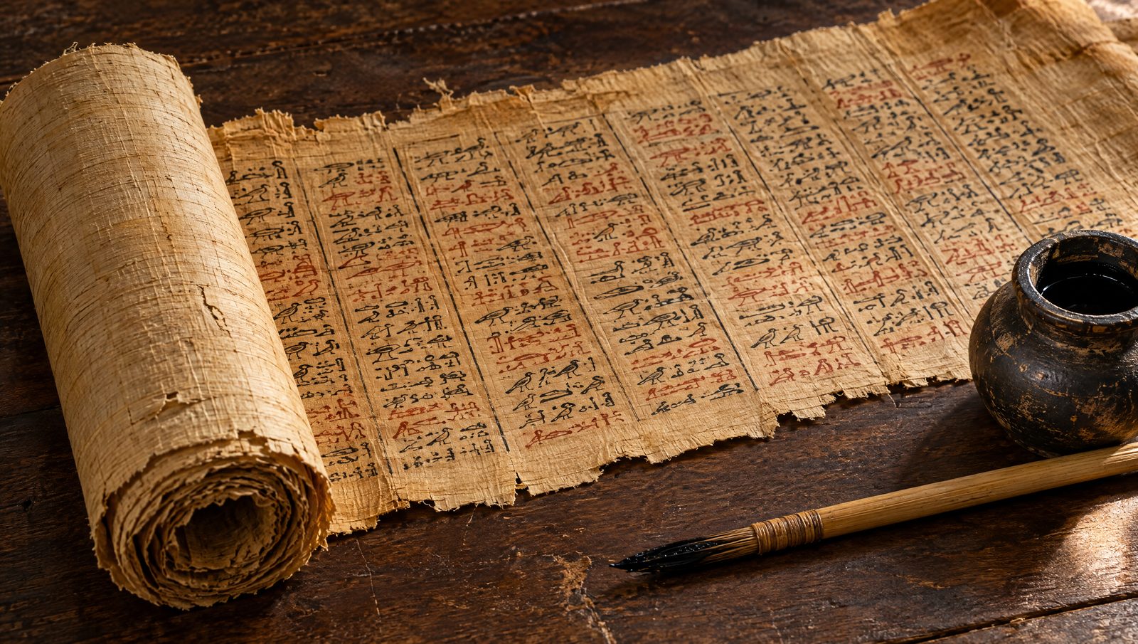 A partly unrolled Egyptian papyrus scroll with columns of hieratic script, a reed brush and ink pot beside it