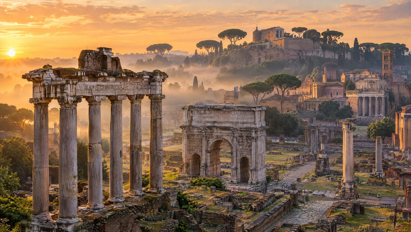 The Roman Forum at dawn with the columns of the Temple of Saturn and the Arch of Septimius Severus below the Palatine Hill