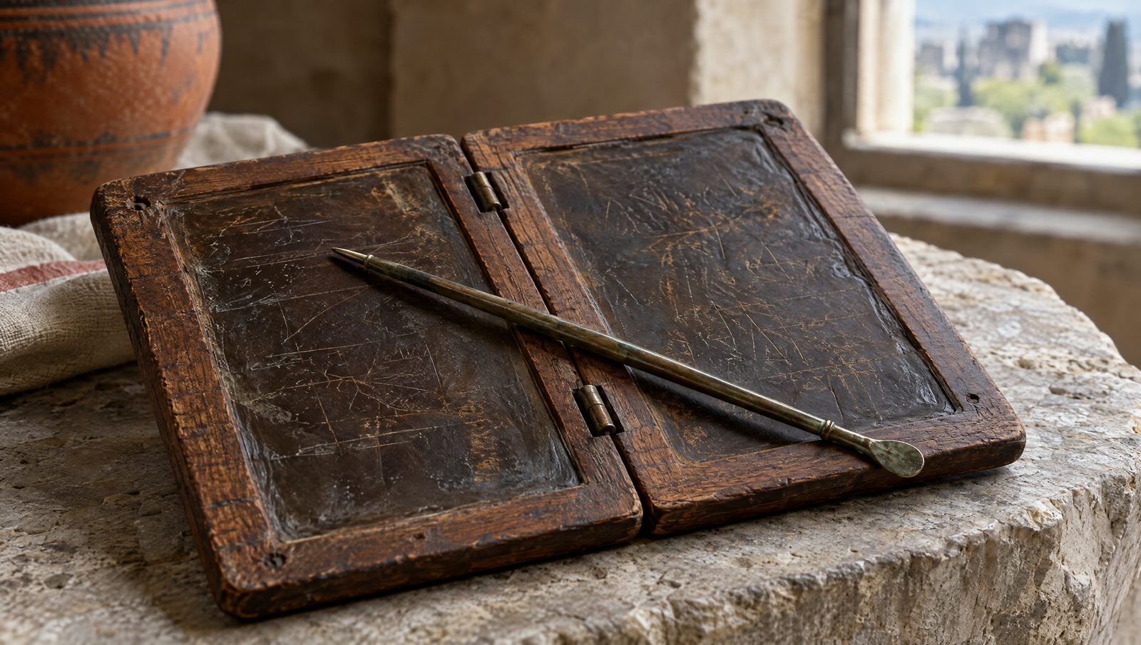 A hinged Roman wooden wax writing tablet with a bronze stylus resting on it, lit by soft window light