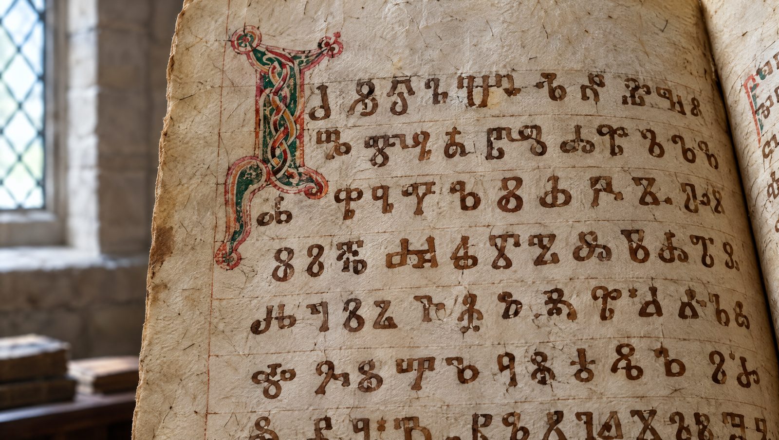 A parchment manuscript page written in round Glagolitic script with a red and green knotwork initial, lit from a window