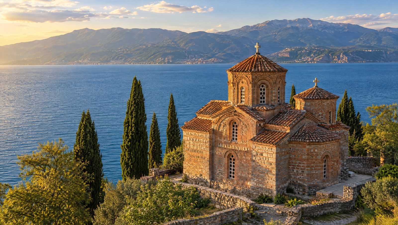 The brick-and-stone church of St Clement and St Panteleimon on the Plaošnik hill above the blue waters of Lake Ohrid