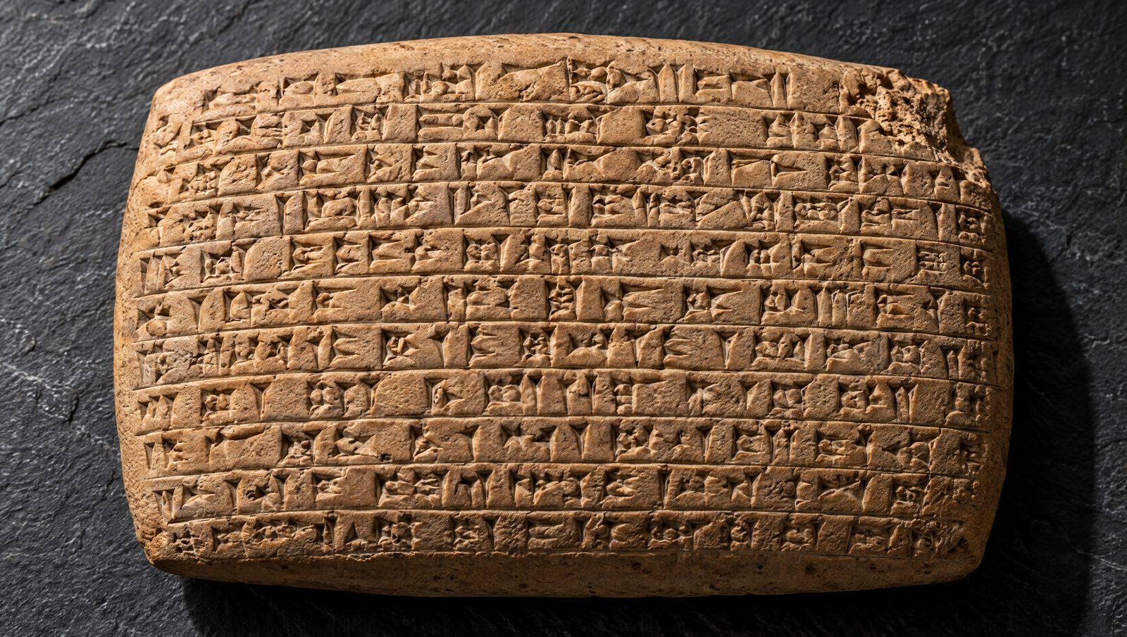 A tan clay cuneiform tablet densely impressed with wedge-shaped signs in ruled lines, lit by raking light on dark slate