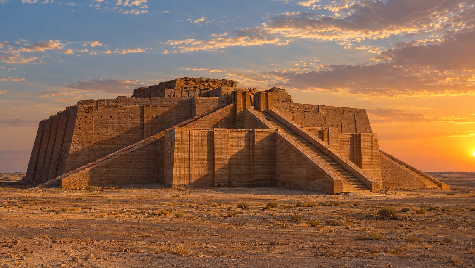 The stepped mudbrick Great Ziggurat of Ur with its three converging staircases rising from the flat desert plain at golden hour