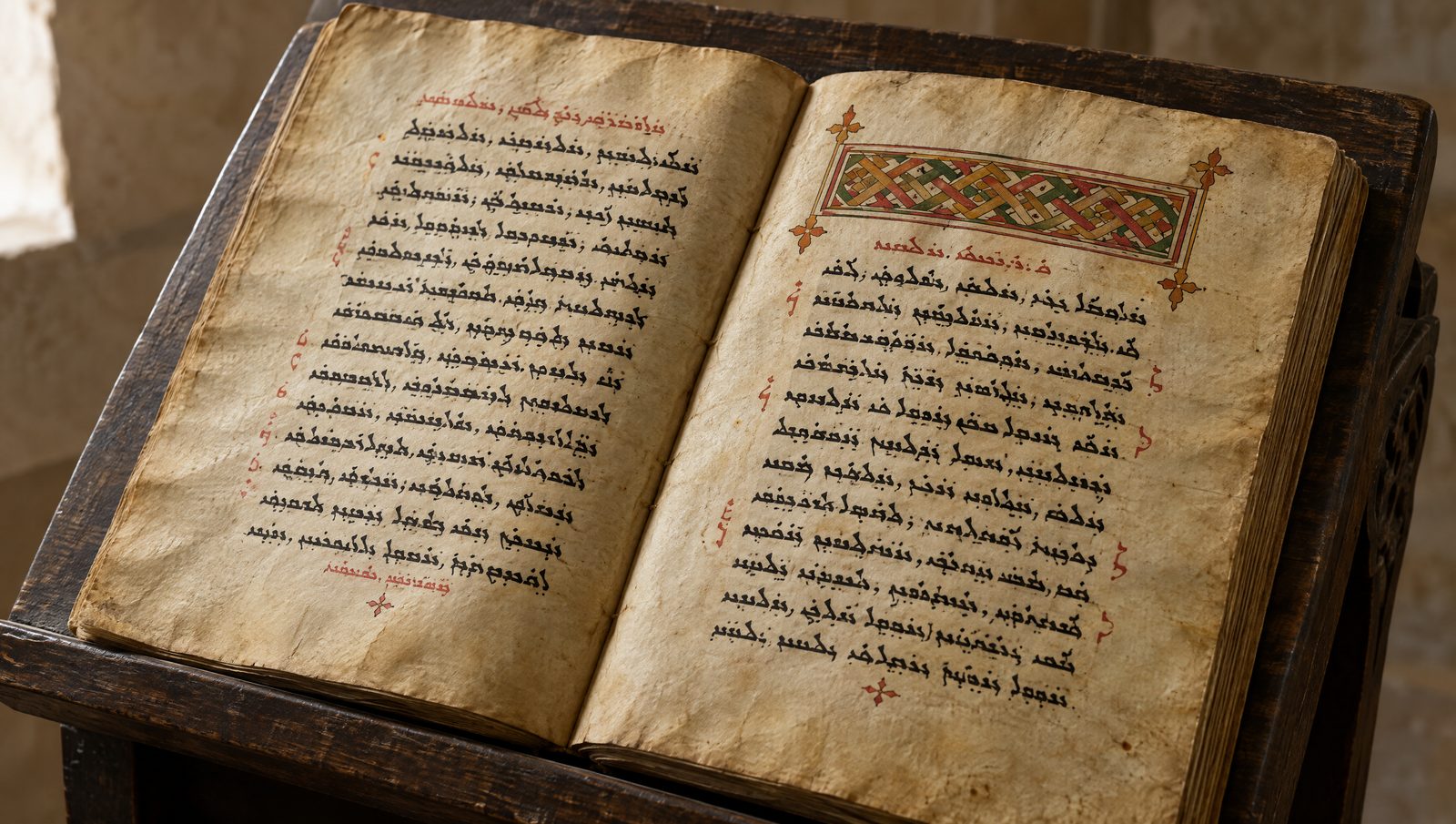 An open parchment manuscript with two columns of bold Estrangela Syriac script, red rubrics and an interlace headpiece on a wooden lectern